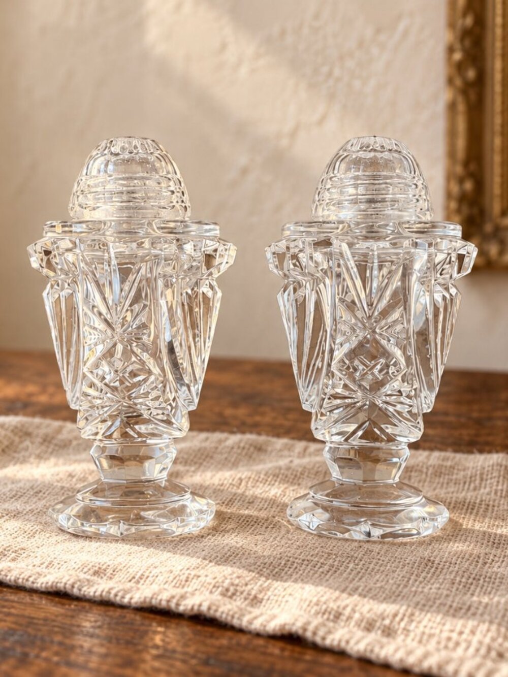 Vintage Glass Salt and Pepper Shakers Starburst Footed Set